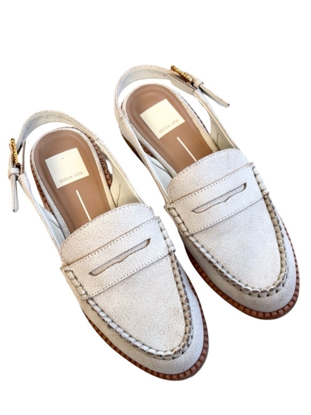 EUC Dolce Vita Leather Hardi Sling Back Loafers Crackled White Size 6